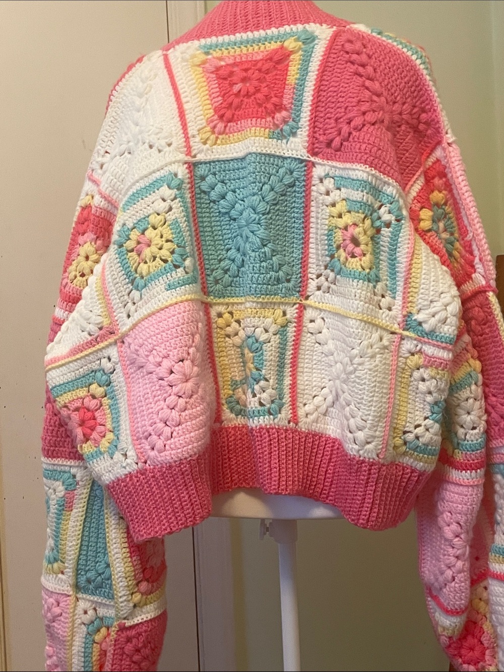 Crochet Patchwork Cardigan Sweater - Pink Multicolor - Picture 1 of 2